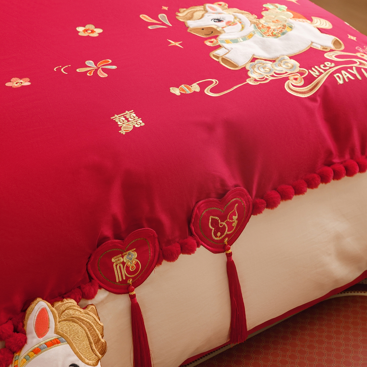 91家纺网 家纺一手货源 找家纺 甜咪咪婚庆 2026新款婚庆公主风小红书爆款50s双股100支长绒棉全棉四件套多件套床单床盖 马上有囍