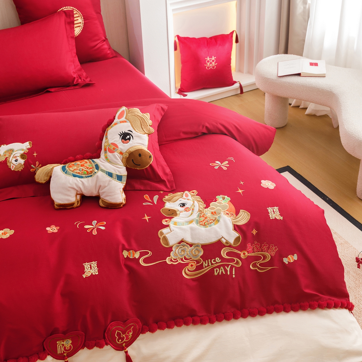 91家纺网 家纺一手货源 找家纺 甜咪咪婚庆 2026新款婚庆公主风小红书爆款50s双股100支长绒棉全棉四件套多件套床单床盖 马上有囍