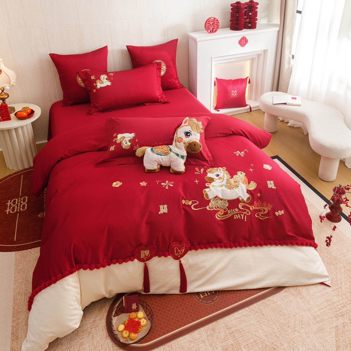 91家纺网 家纺一手货源 找家纺 甜咪咪婚庆 2026新款婚庆公主风小红书爆款50s双股100支长绒棉全棉四件套多件套床单床盖 马上有囍