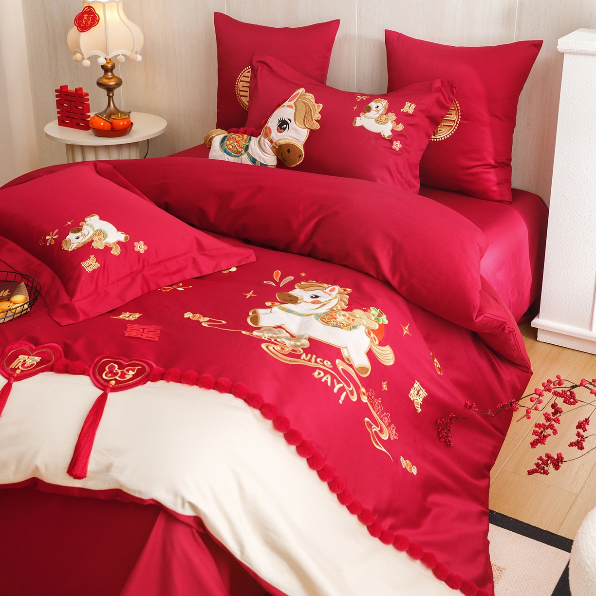 91家纺网 家纺一手货源 找家纺 甜咪咪婚庆 2026新款婚庆公主风小红书爆款50s双股100支长绒棉全棉四件套多件套床单床盖 马上有囍