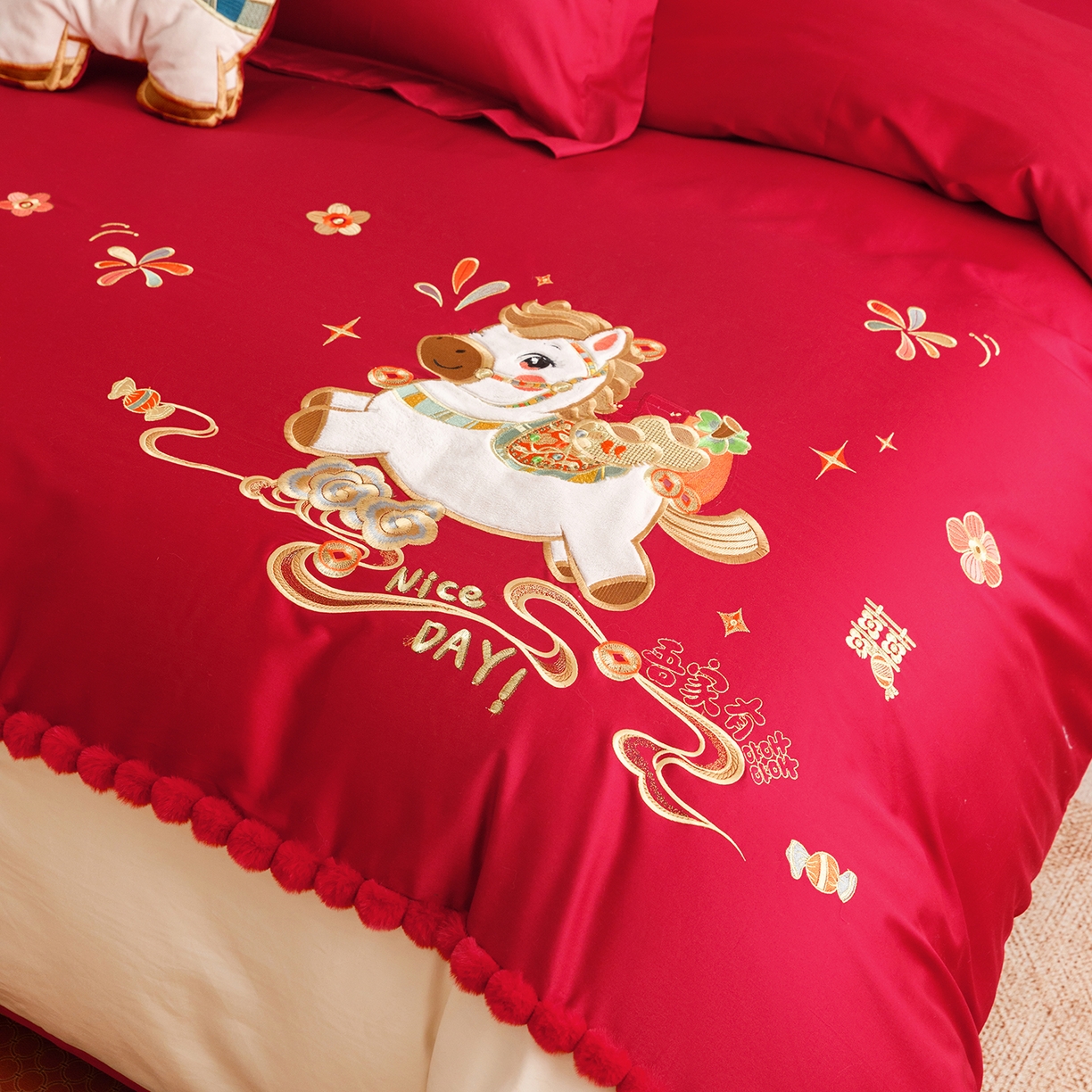 91家纺网 家纺一手货源 找家纺 甜咪咪婚庆 2026新款婚庆公主风小红书爆款50s双股100支长绒棉全棉四件套多件套床单床盖 马上有囍