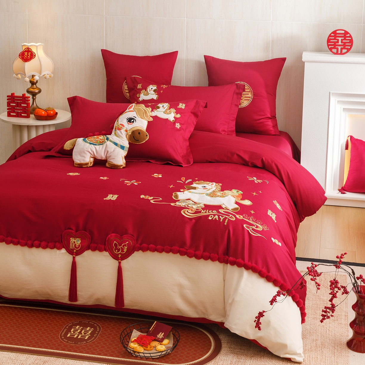 91家纺网 家纺一手货源 找家纺 甜咪咪婚庆 2026新款婚庆公主风小红书爆款50s双股100支长绒棉全棉四件套多件套床单床盖 马上有囍