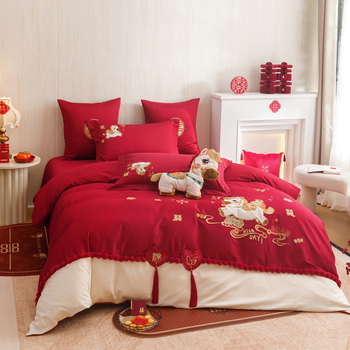 91家纺网 家纺一手货源 找家纺 甜咪咪婚庆 2026新款婚庆公主风小红书爆款50s双股100支长绒棉全棉四件套多件套床单床盖 马上有囍