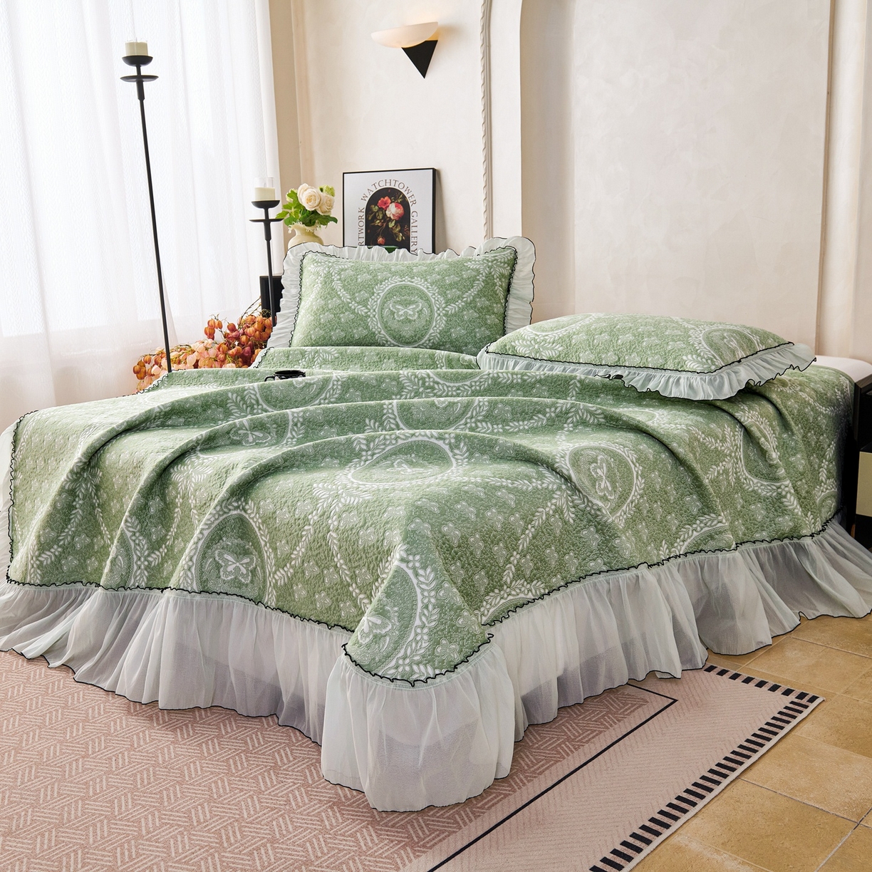 91家纺网 家纺一手货源 找家纺 梵克保罗 2026春夏新款PE乙纶冰豆豆双色提花床裙款凉席席子三件套-蝶舞花间系列 蝶舞花间-果绿