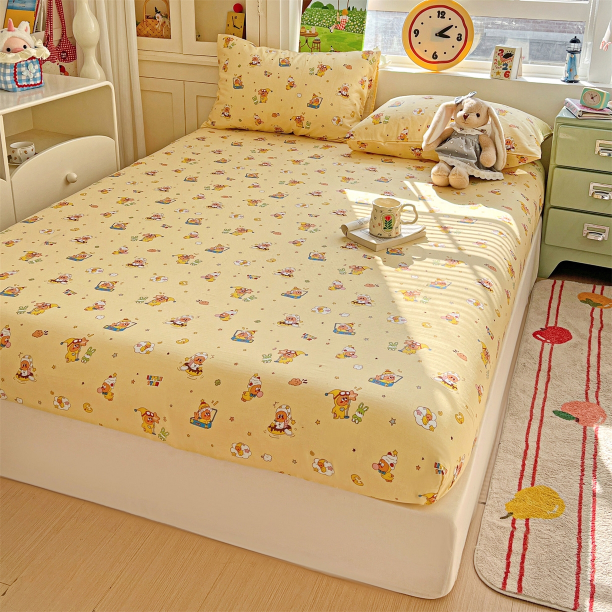 91家纺网 家纺一手货源 找家纺 名兮家居 2026新款全棉纯棉A类卡通时尚风双层纱床笠单品床笠床笠单件 双层纱-奶黄星仔