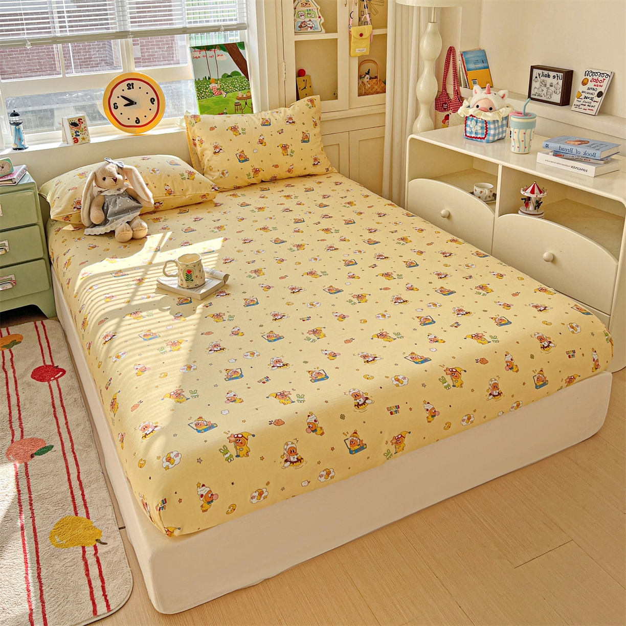 91家纺网 家纺一手货源 找家纺 名兮家居 2026新款全棉纯棉A类卡通时尚风双层纱床笠单品床笠床笠单件 双层纱-奶黄星仔