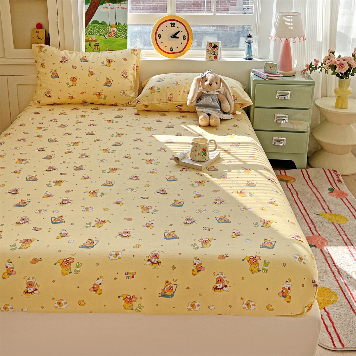 91家纺网 家纺一手货源 找家纺 名兮家居 2026新款全棉纯棉A类卡通时尚风双层纱床笠单品床笠床笠单件 双层纱-奶黄星仔