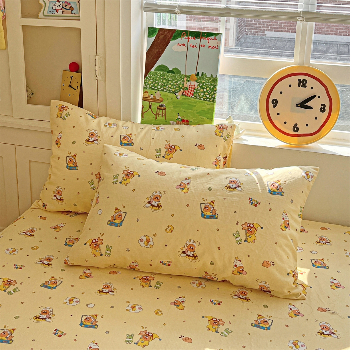 91家纺网 家纺一手货源 找家纺 名兮家居 2026新款全棉纯棉A类卡通时尚风双层纱床笠单品床笠床笠单件 双层纱-奶黄星仔