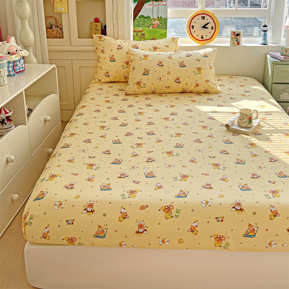 91家纺网 家纺一手货源 找家纺 名兮家居 2026新款全棉纯棉A类卡通时尚风双层纱床笠单品床笠床笠单件 双层纱-奶黄星仔