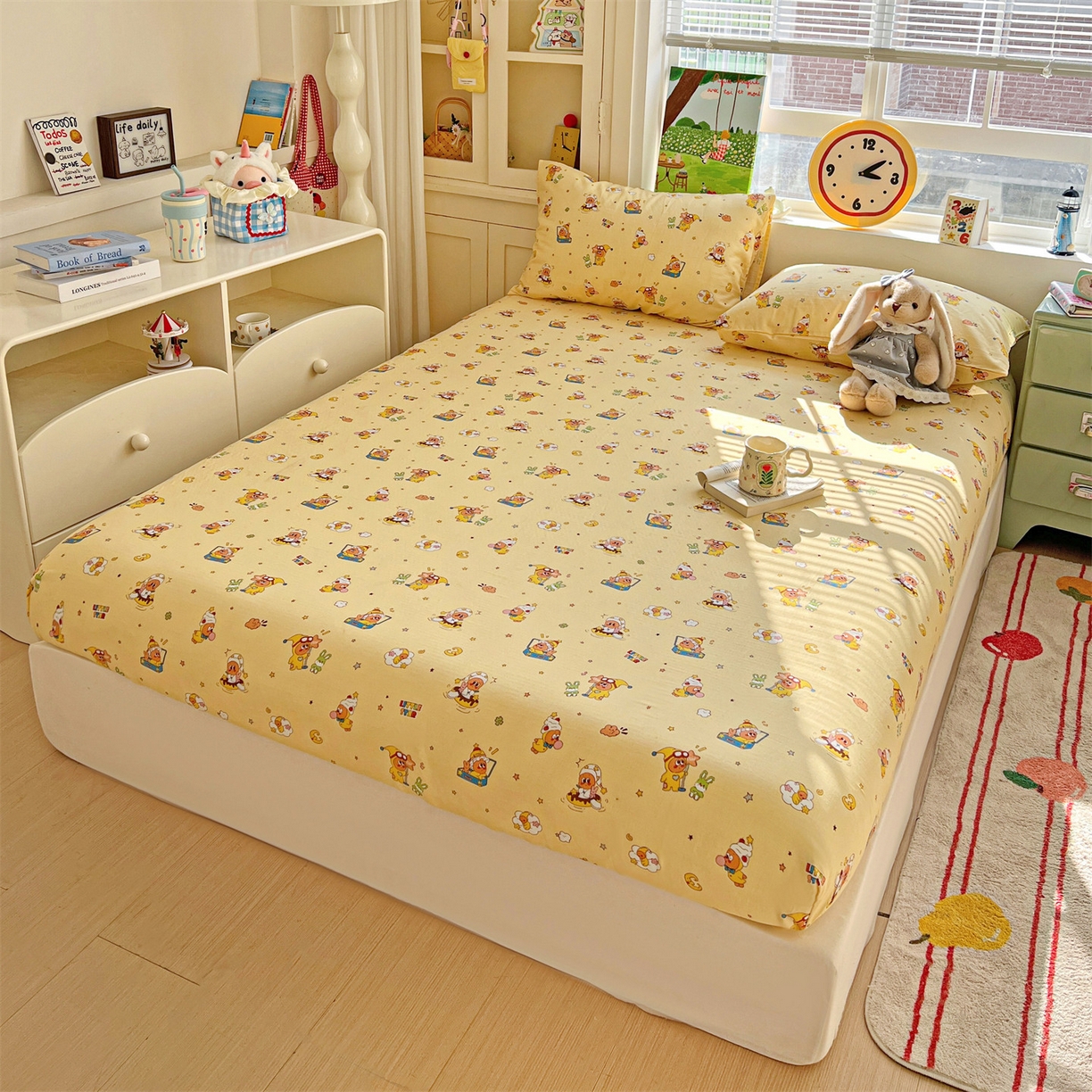 91家纺网 家纺一手货源 找家纺 名兮家居 2026新款全棉纯棉A类卡通时尚风双层纱床笠单品床笠床笠单件 双层纱-奶黄星仔