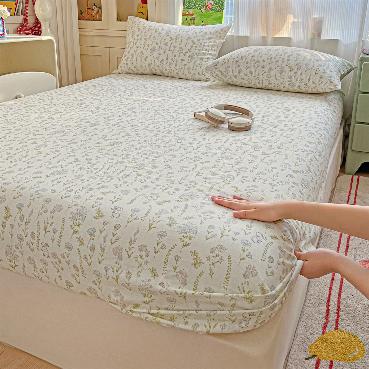 名兮家居 2026新款全棉纯棉A类卡通时尚风双层纱床笠单品床笠床笠单件 双层纱-晴天兔