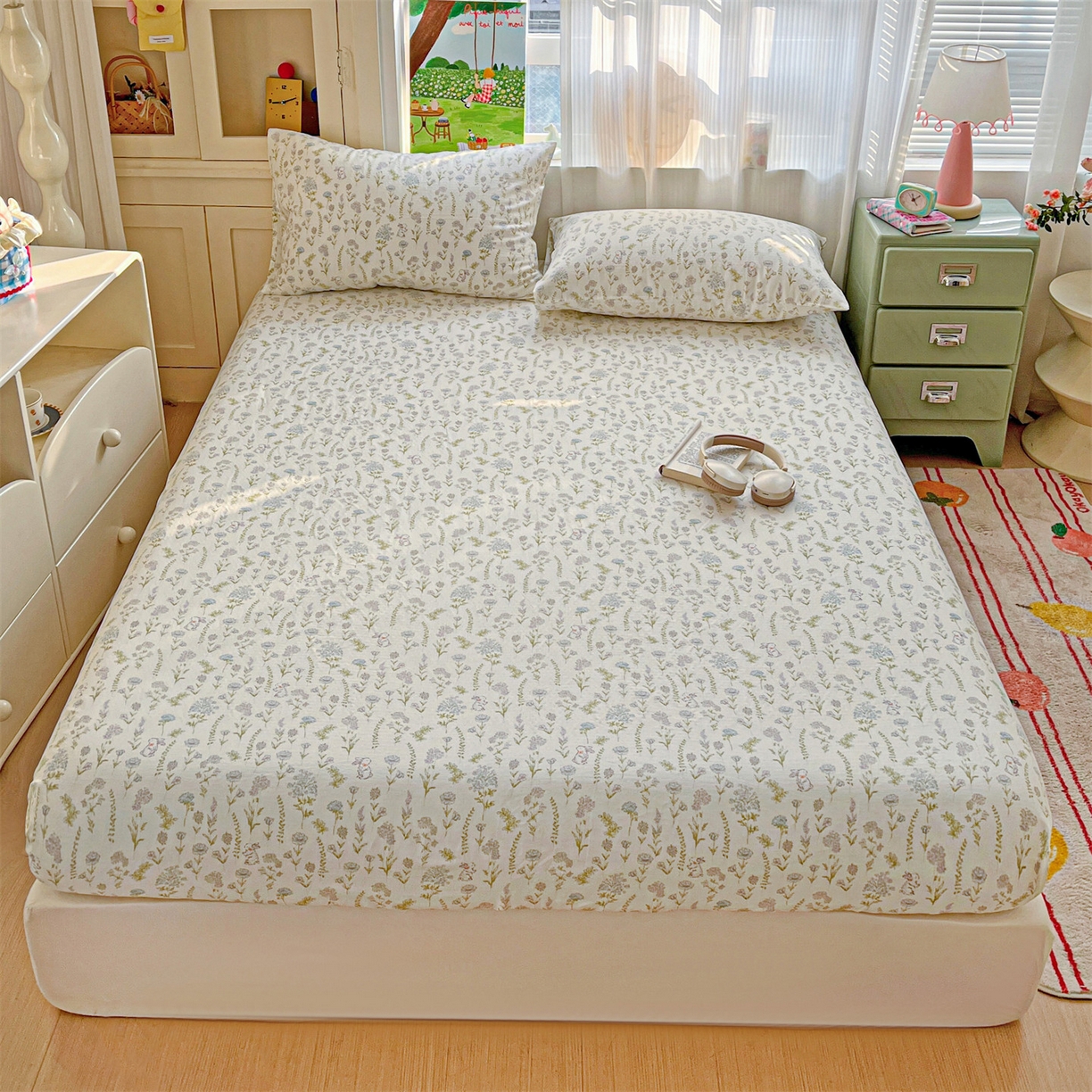 91家纺网 家纺一手货源 找家纺 名兮家居 2026新款全棉纯棉A类卡通时尚风双层纱床笠单品床笠床笠单件 双层纱-晴天兔