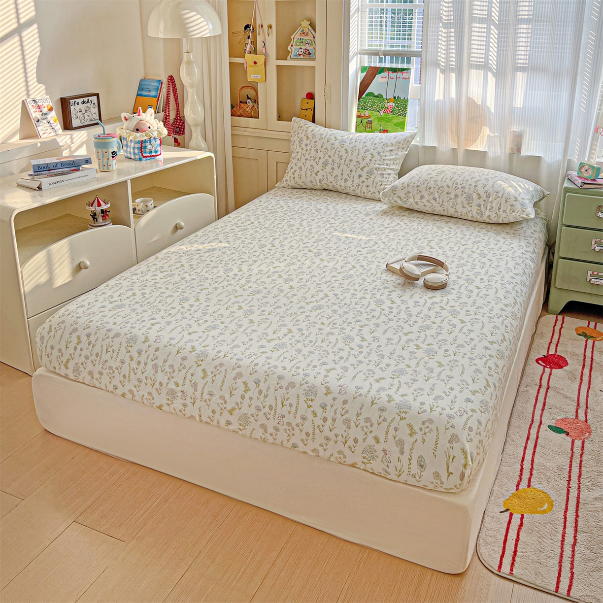 91家纺网 家纺一手货源 找家纺 名兮家居 2026新款全棉纯棉A类卡通时尚风双层纱床笠单品床笠床笠单件 双层纱-晴天兔