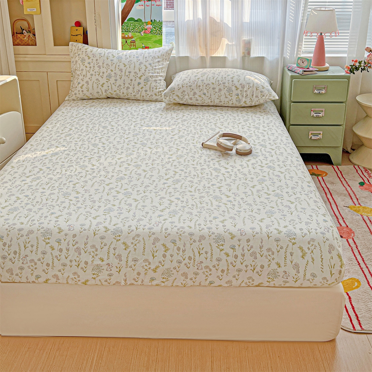 91家纺网 家纺一手货源 找家纺 名兮家居 2026新款全棉纯棉A类卡通时尚风双层纱床笠单品床笠床笠单件 双层纱-晴天兔