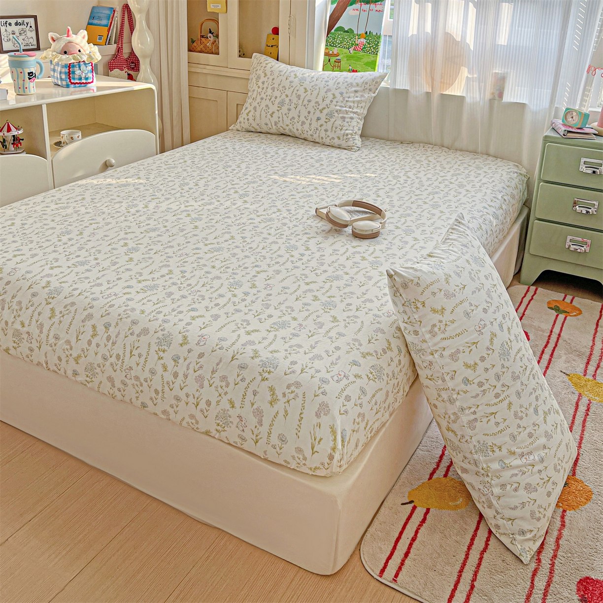 91家纺网 家纺一手货源 找家纺 名兮家居 2026新款全棉纯棉A类卡通时尚风双层纱床笠单品床笠床笠单件 双层纱-晴天兔