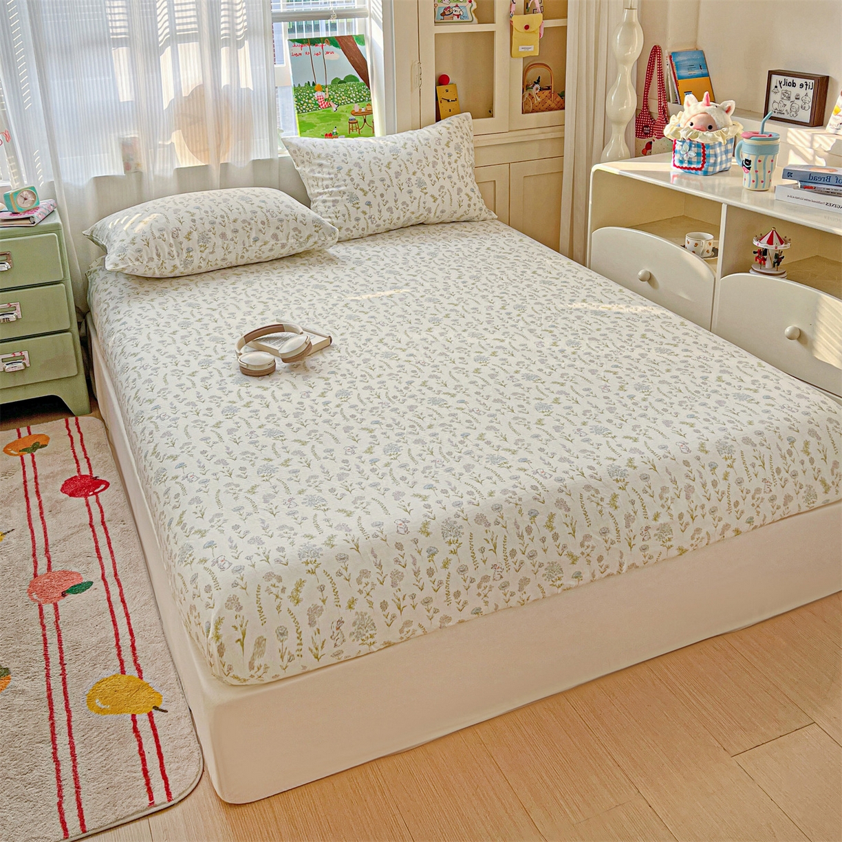 91家纺网 家纺一手货源 找家纺 名兮家居 2026新款全棉纯棉A类卡通时尚风双层纱床笠单品床笠床笠单件 双层纱-晴天兔