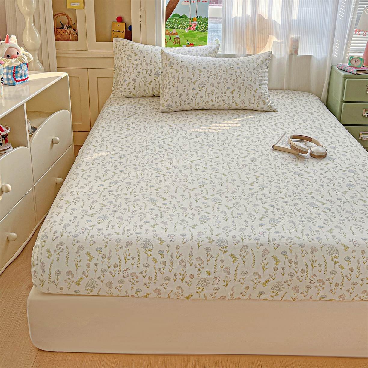 91家纺网 家纺一手货源 找家纺 名兮家居 2026新款全棉纯棉A类卡通时尚风双层纱床笠单品床笠床笠单件 双层纱-晴天兔