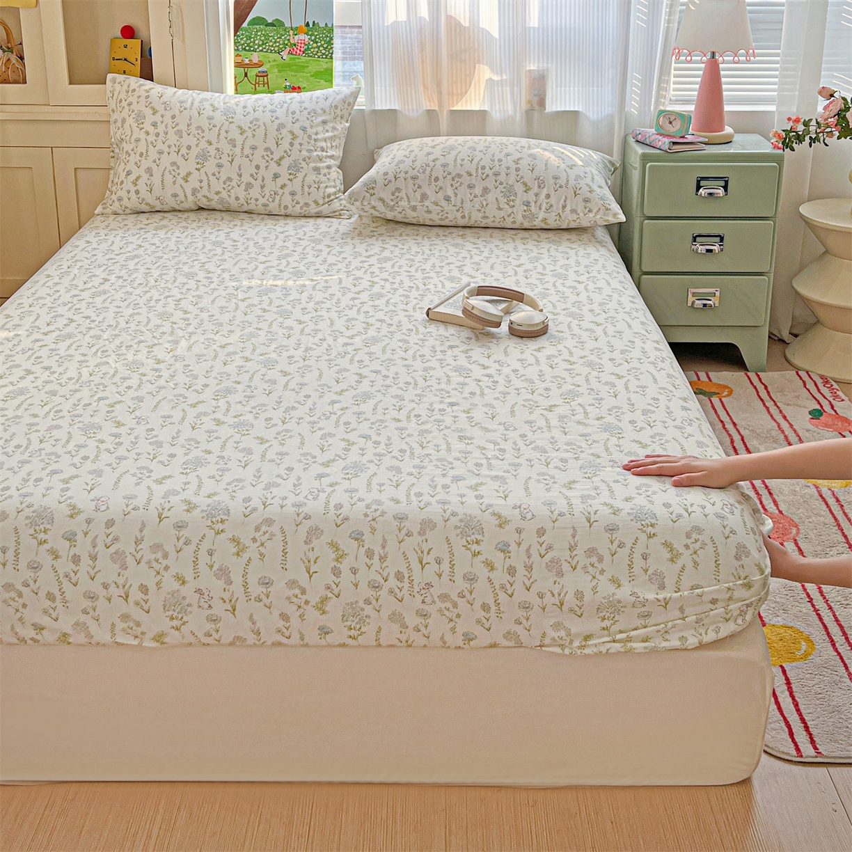 91家纺网 家纺一手货源 找家纺 名兮家居 2026新款全棉纯棉A类卡通时尚风双层纱床笠单品床笠床笠单件 双层纱-晴天兔