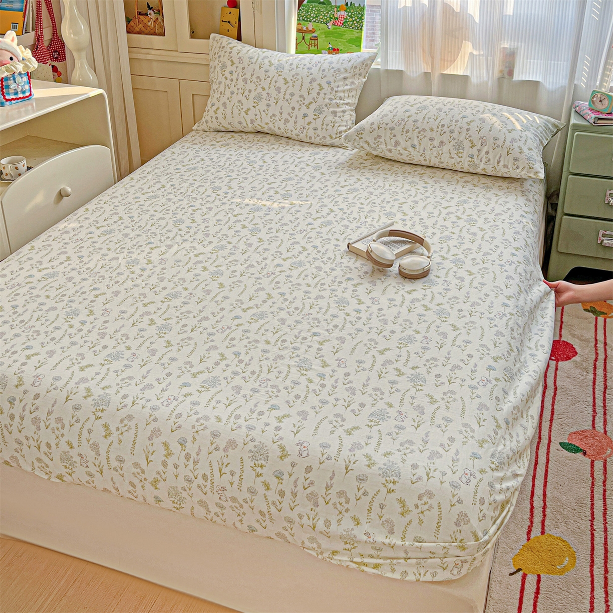 91家纺网 家纺一手货源 找家纺 名兮家居 2026新款全棉纯棉A类卡通时尚风双层纱床笠单品床笠床笠单件 双层纱-晴天兔