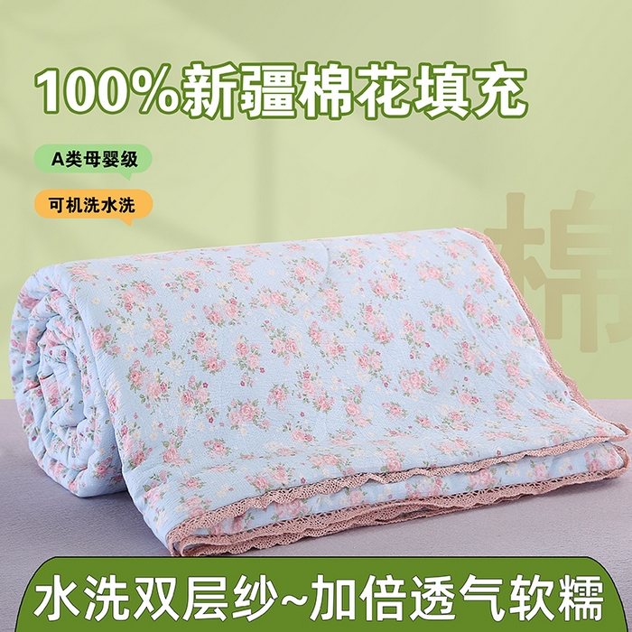 米萝家居 2026新款100%棉花夏被四件套双层纱夏凉被空调被 被子被芯直播【风格二】 锦上添花