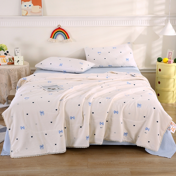 91家纺网 家纺一手货源 找家纺 米萝家居 2026新款100%棉花夏被四件套双层纱夏凉被空调被 被子被芯直播【风格二】 蝴蝶结