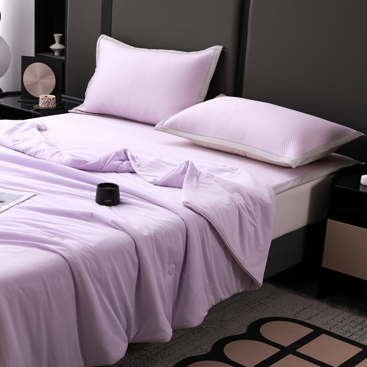 91家纺网 家纺一手货源 找家纺 富馨莱 2026新款PE乙纶高克重豆豆凉席凉感丝夏被四件套 冰紫色
