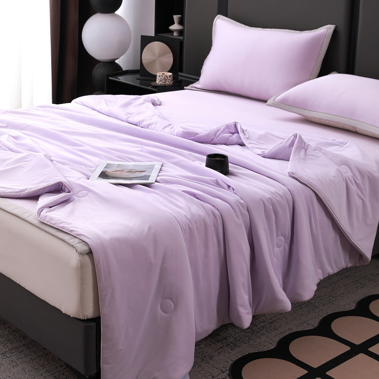 91家纺网 家纺一手货源 找家纺 富馨莱 2026新款PE乙纶高克重豆豆凉席凉感丝夏被四件套 冰紫色