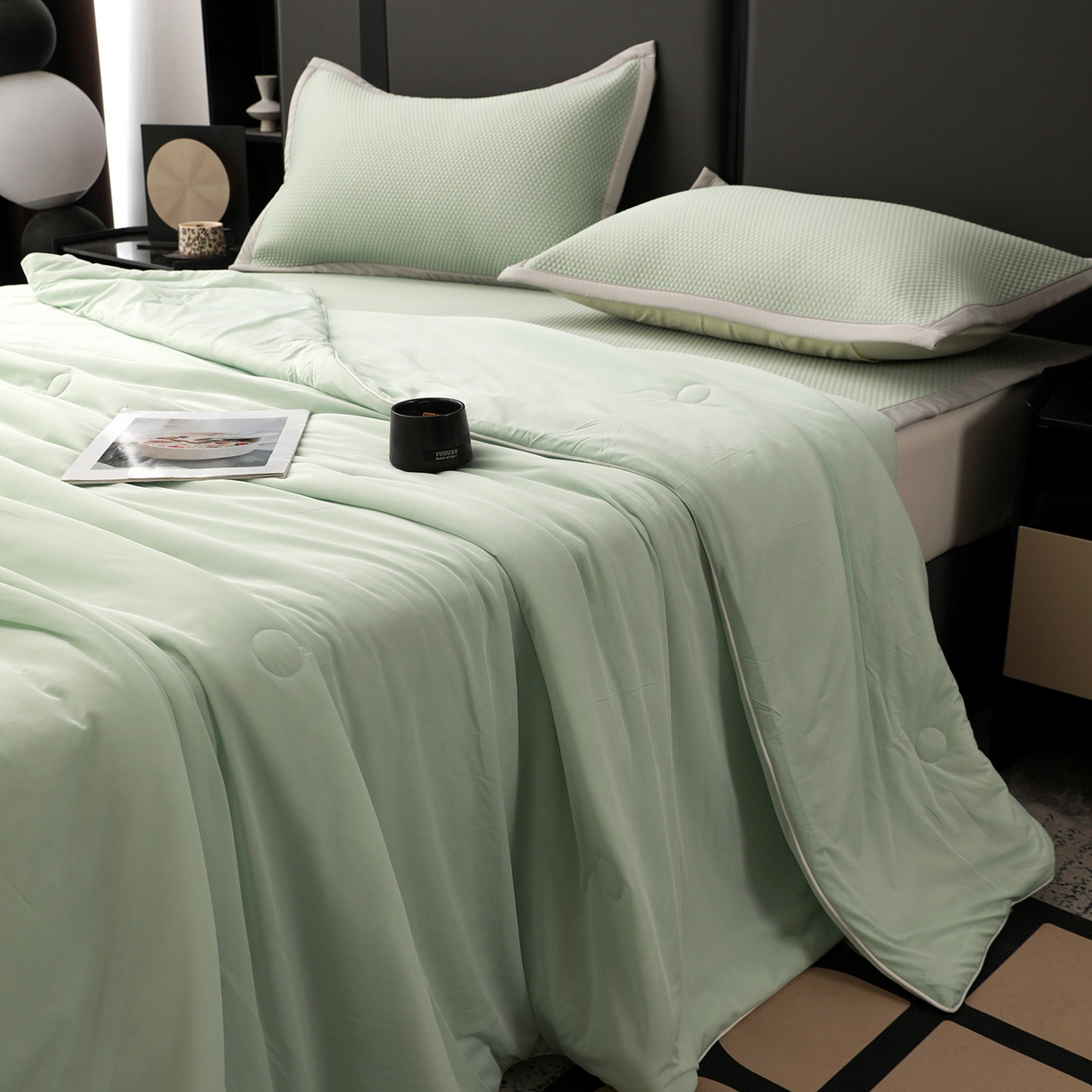 91家纺网 家纺一手货源 找家纺 富馨莱 2026新款PE乙纶高克重豆豆凉席凉感丝夏被四件套 冰绿色