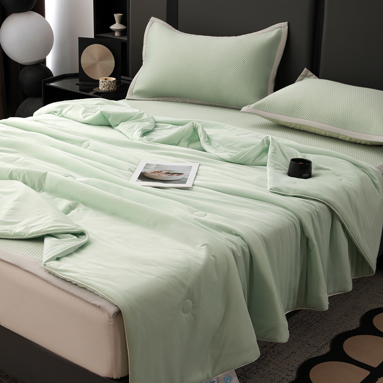 91家纺网 家纺一手货源 找家纺 富馨莱 2026新款PE乙纶高克重豆豆凉席凉感丝夏被四件套 冰绿色