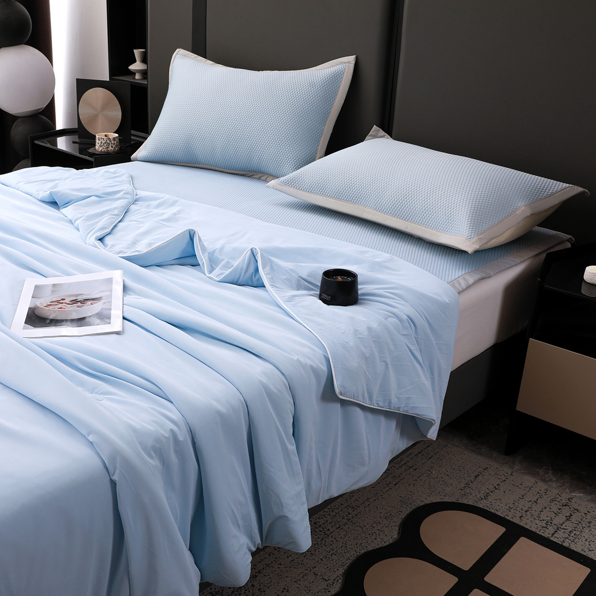 91家纺网 家纺一手货源 找家纺 富馨莱 2026新款PE乙纶高克重豆豆凉席凉感丝夏被四件套 冰蓝色