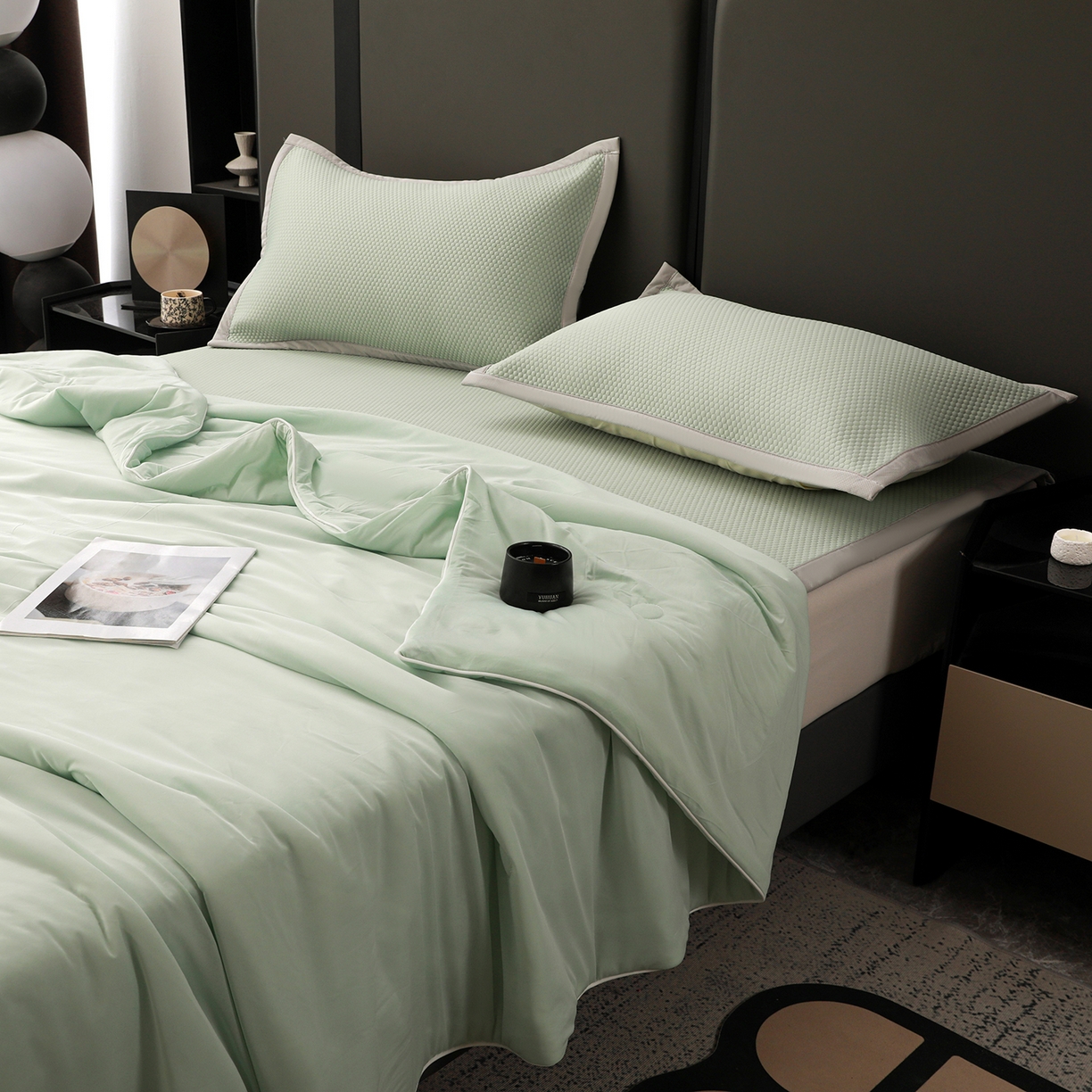 91家纺网 家纺一手货源 找家纺 富馨莱 2026新款PE乙纶高克重豆豆凉席凉感丝夏被四件套 冰绿色