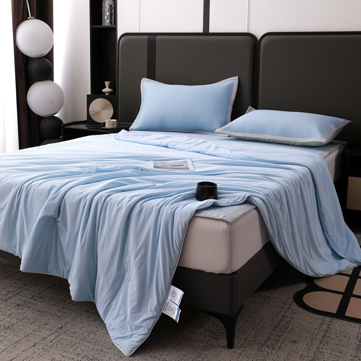 91家纺网 家纺一手货源 找家纺 富馨莱 2026新款PE乙纶高克重豆豆凉席凉感丝夏被四件套 冰蓝色