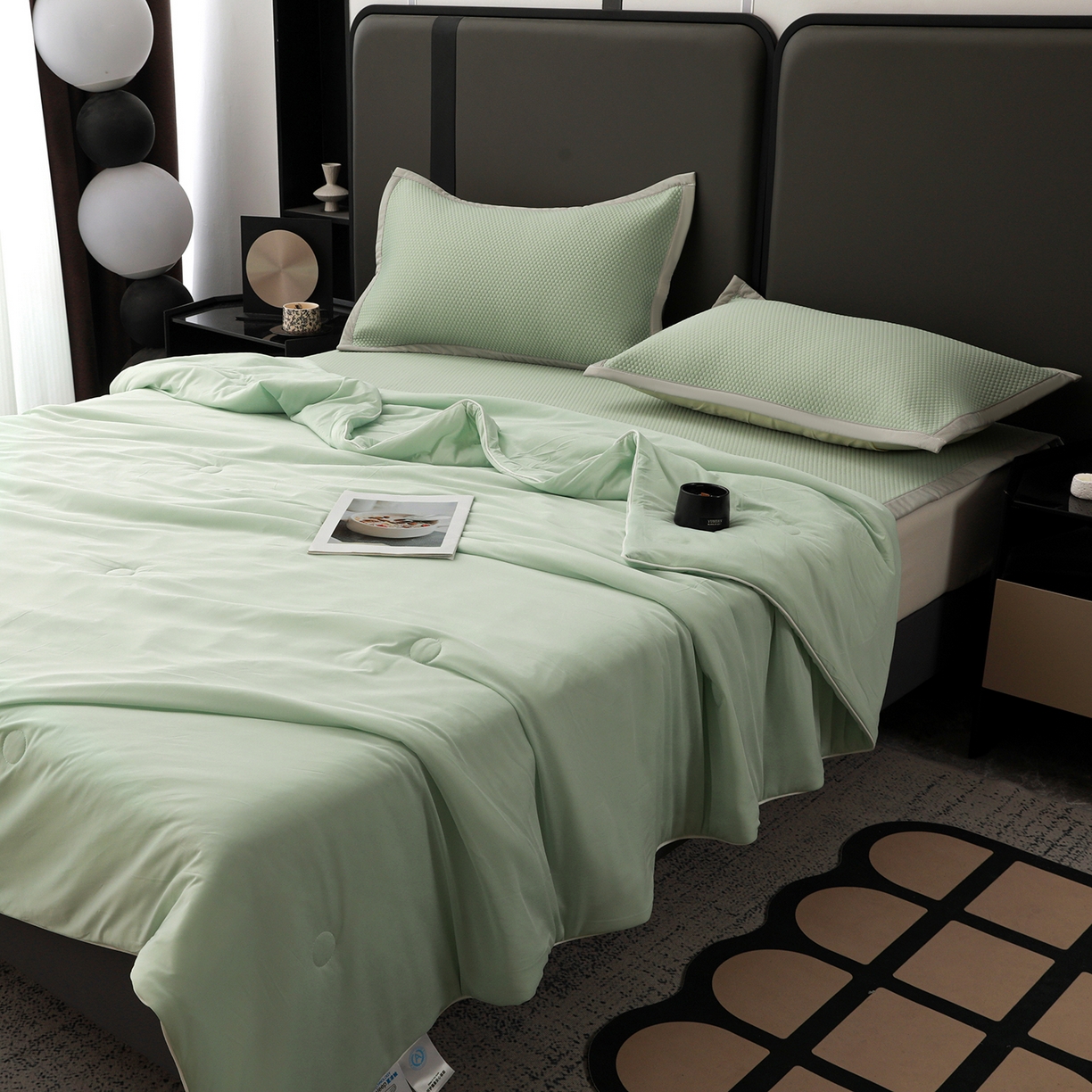 91家纺网 家纺一手货源 找家纺 富馨莱 2026新款PE乙纶高克重豆豆凉席凉感丝夏被四件套 冰绿色