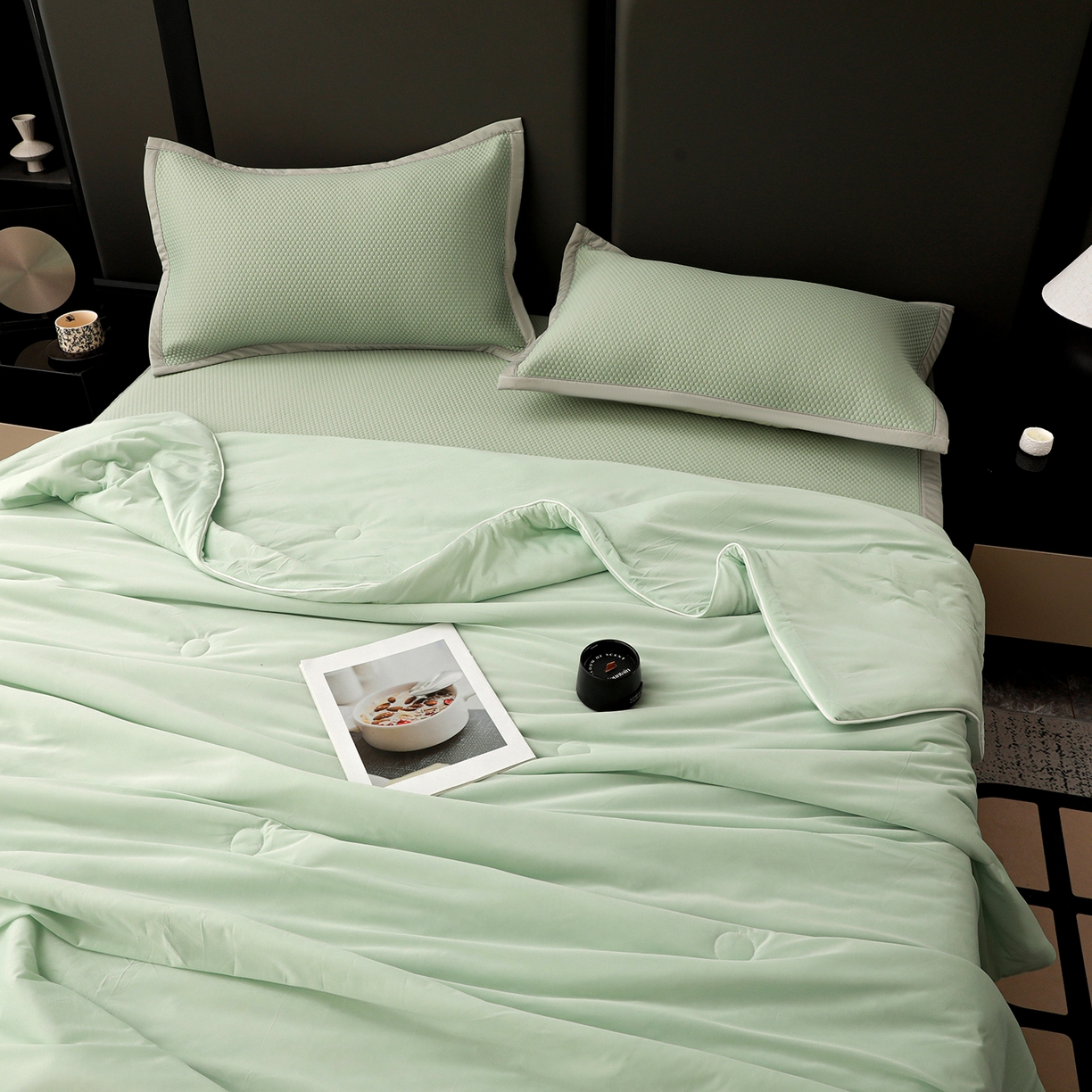 91家纺网 家纺一手货源 找家纺 富馨莱 2026新款PE乙纶高克重豆豆凉席凉感丝夏被四件套 冰绿色