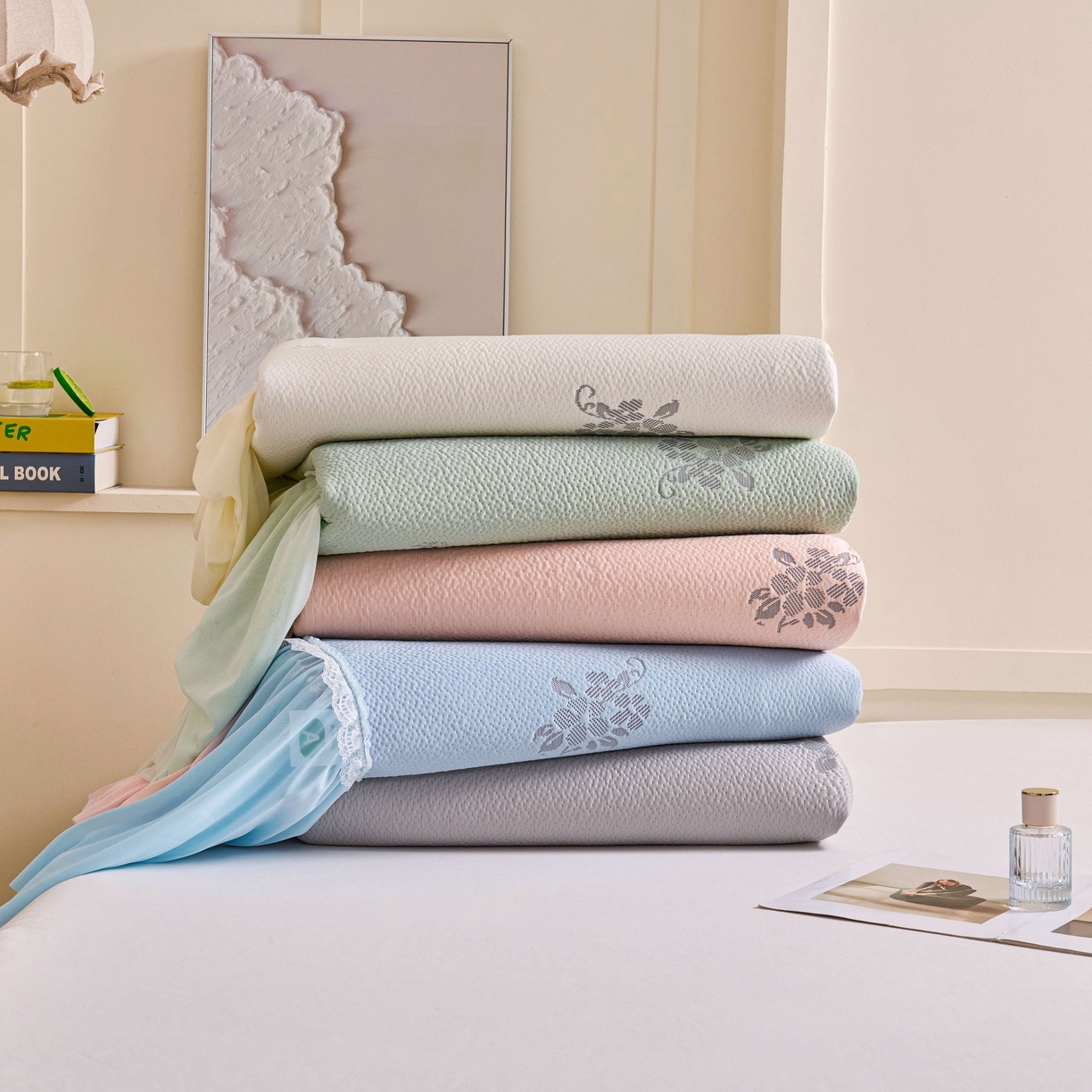 （总）梵克保罗 2026春夏新款PE乙纶凉感因子冰豆豆韩系蕾丝提花床裙款凉席三件套-韩系系列