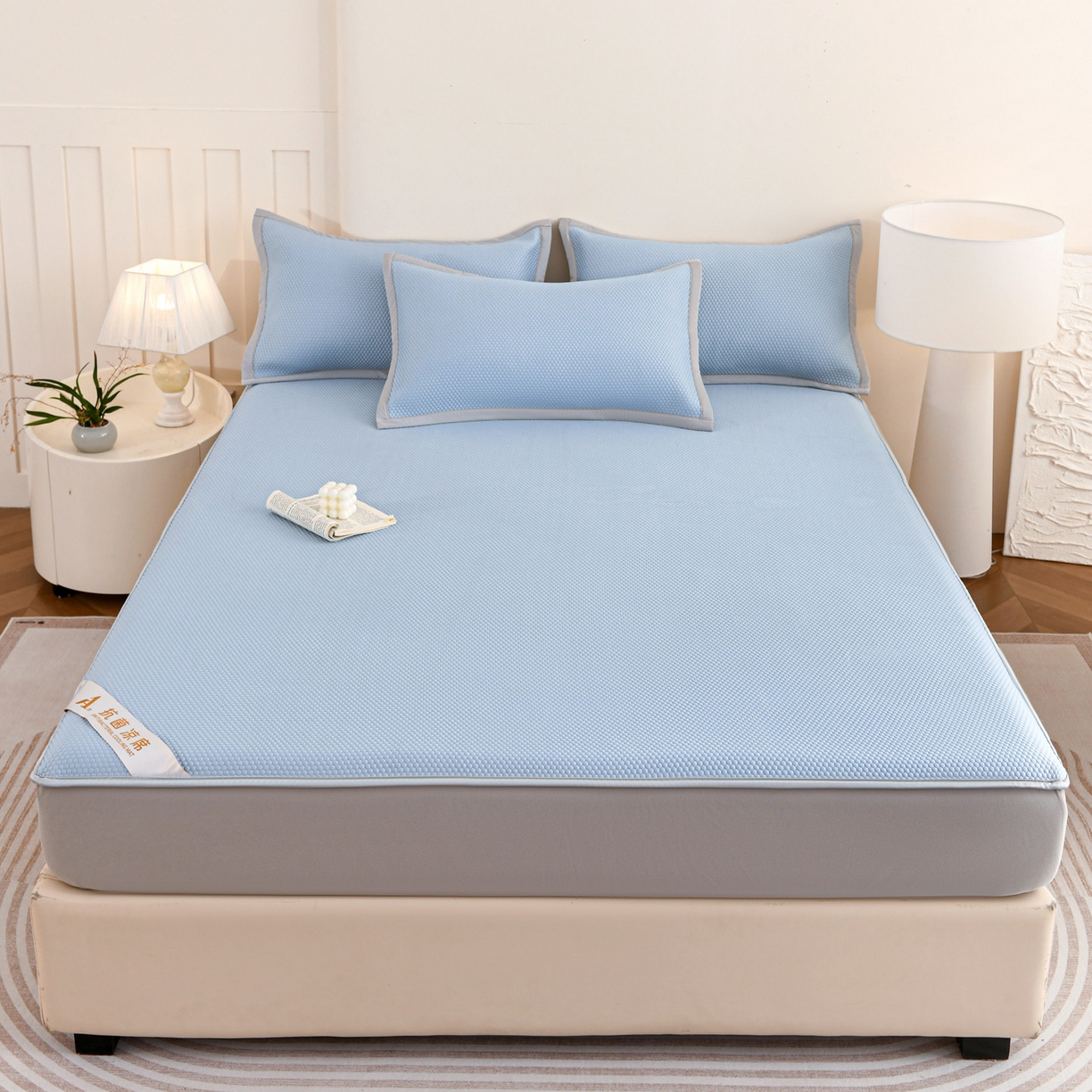 91家纺网 家纺一手货源 找家纺 富馨莱 2026新款PE乙纶高克重冰豆豆席凉感凉席单件床笠款支持一件定做尺寸学生宿舍 冰蓝色