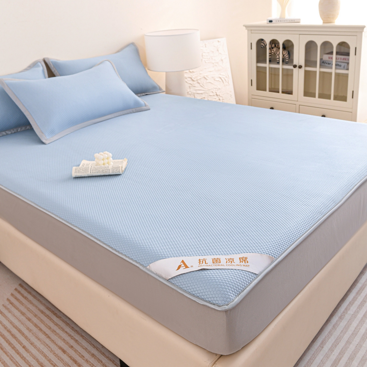 91家纺网 家纺一手货源 找家纺 富馨莱 2026新款PE乙纶高克重冰豆豆席凉感凉席单件床笠款支持一件定做尺寸学生宿舍 冰蓝色