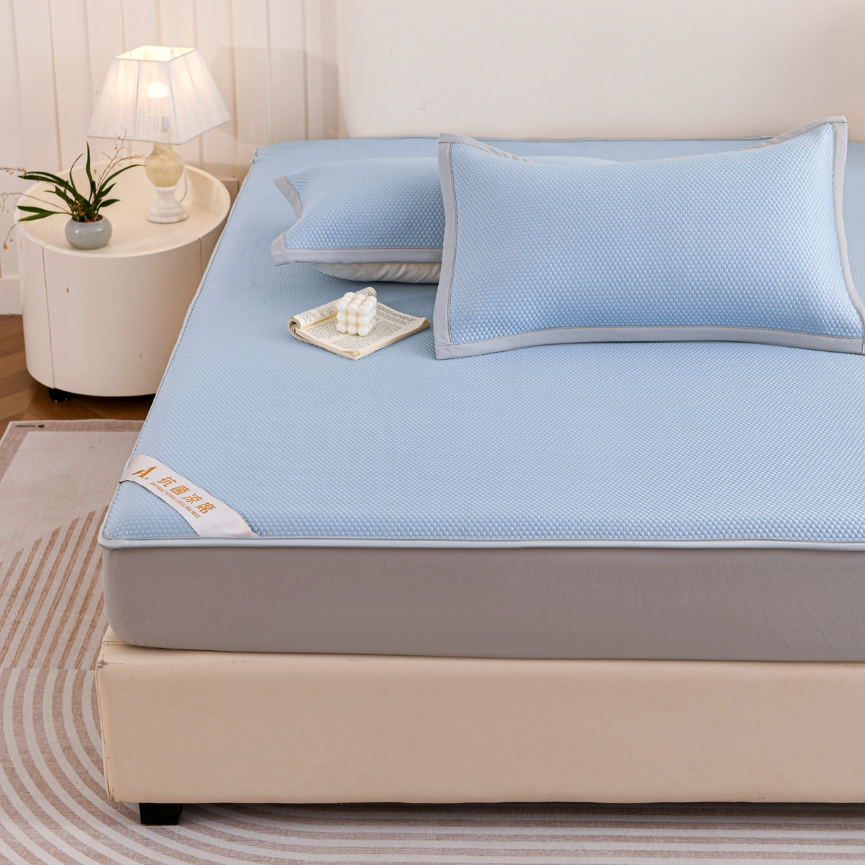 91家纺网 家纺一手货源 找家纺 富馨莱 2026新款PE乙纶高克重冰豆豆席凉感凉席单件床笠款支持一件定做尺寸学生宿舍 冰蓝色