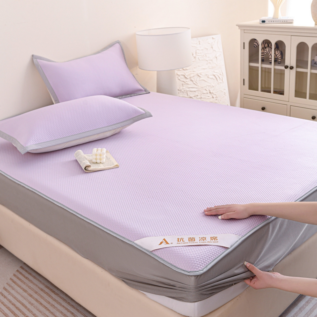 91家纺网 家纺一手货源 找家纺 富馨莱 2026新款PE乙纶高克重冰豆豆席凉感凉席单件床笠款支持一件定做尺寸学生宿舍 冰紫色