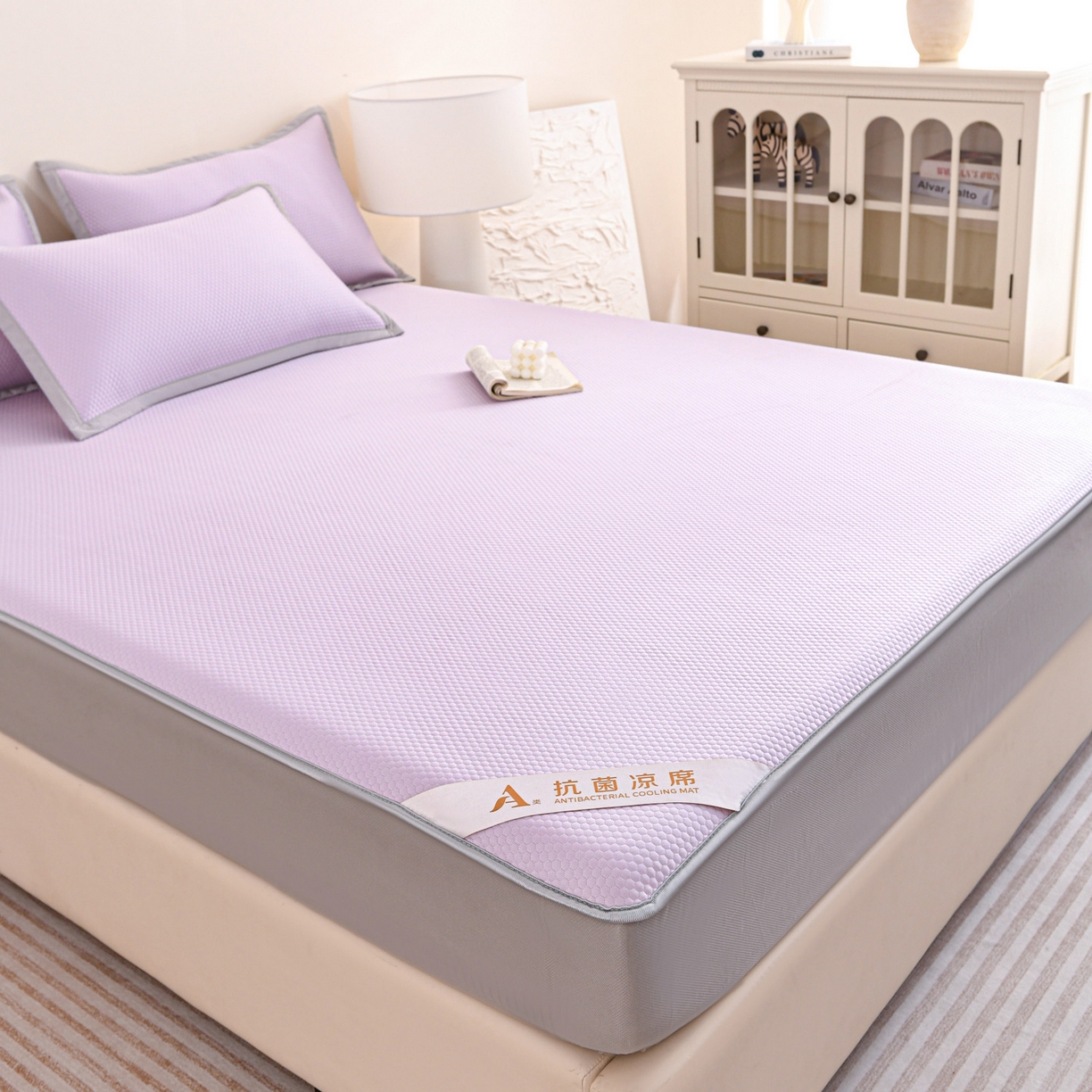 91家纺网 家纺一手货源 找家纺 富馨莱 2026新款PE乙纶高克重冰豆豆席凉感凉席单件床笠款支持一件定做尺寸学生宿舍 冰紫色