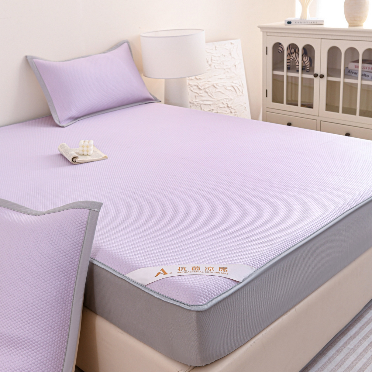 91家纺网 家纺一手货源 找家纺 富馨莱 2026新款PE乙纶高克重冰豆豆席凉感凉席单件床笠款支持一件定做尺寸学生宿舍 冰紫色
