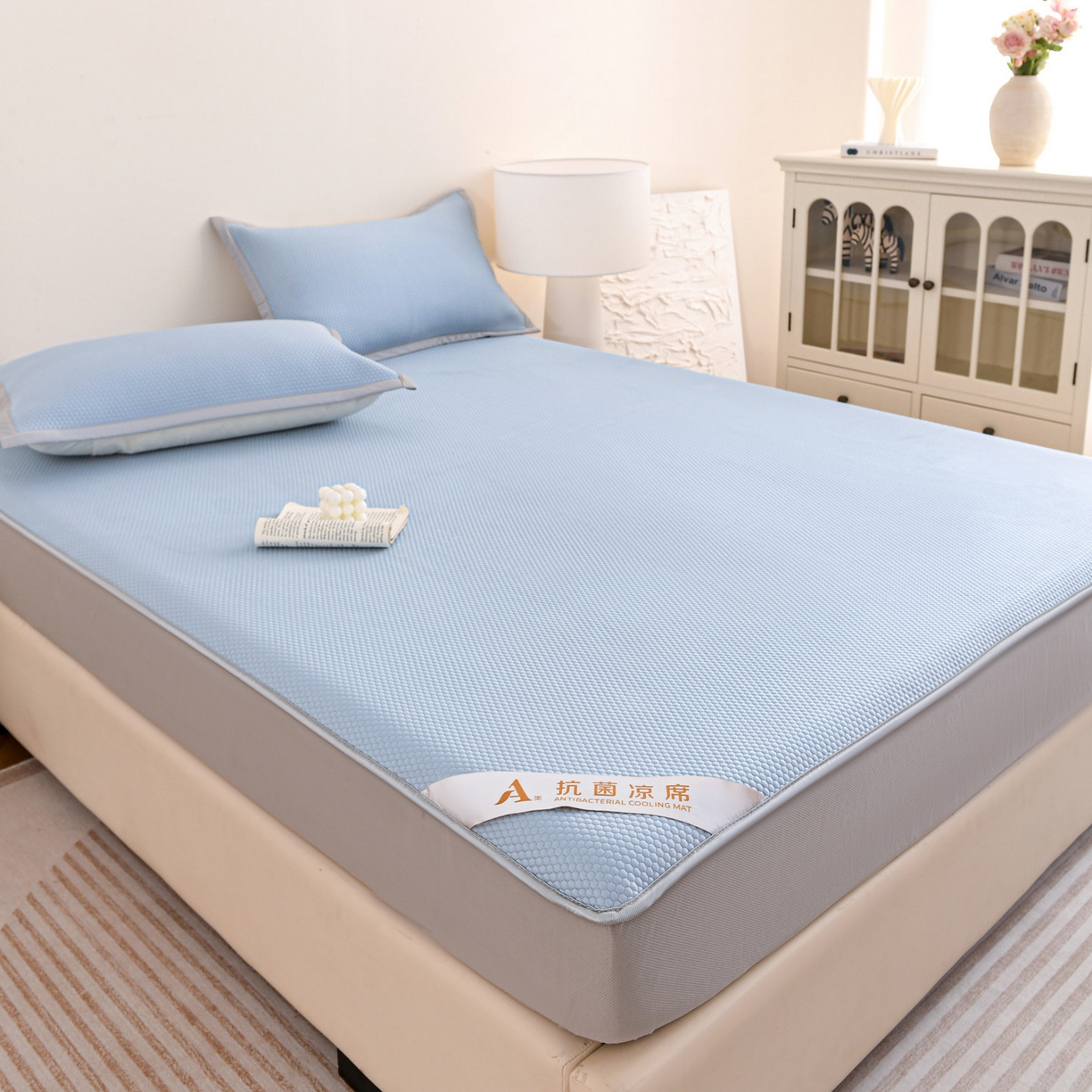 91家纺网 家纺一手货源 找家纺 富馨莱 2026新款PE乙纶高克重冰豆豆席凉感凉席单件床笠款支持一件定做尺寸学生宿舍 冰蓝色