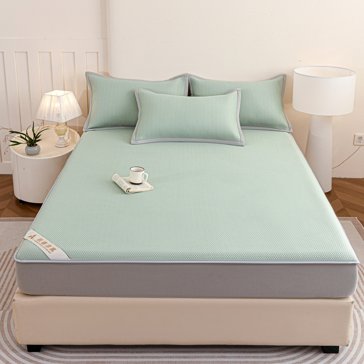 91家纺网 家纺一手货源 找家纺 富馨莱 2026新款PE乙纶高克重冰豆豆席凉感凉席单件床笠款支持一件定做尺寸学生宿舍 冰绿色