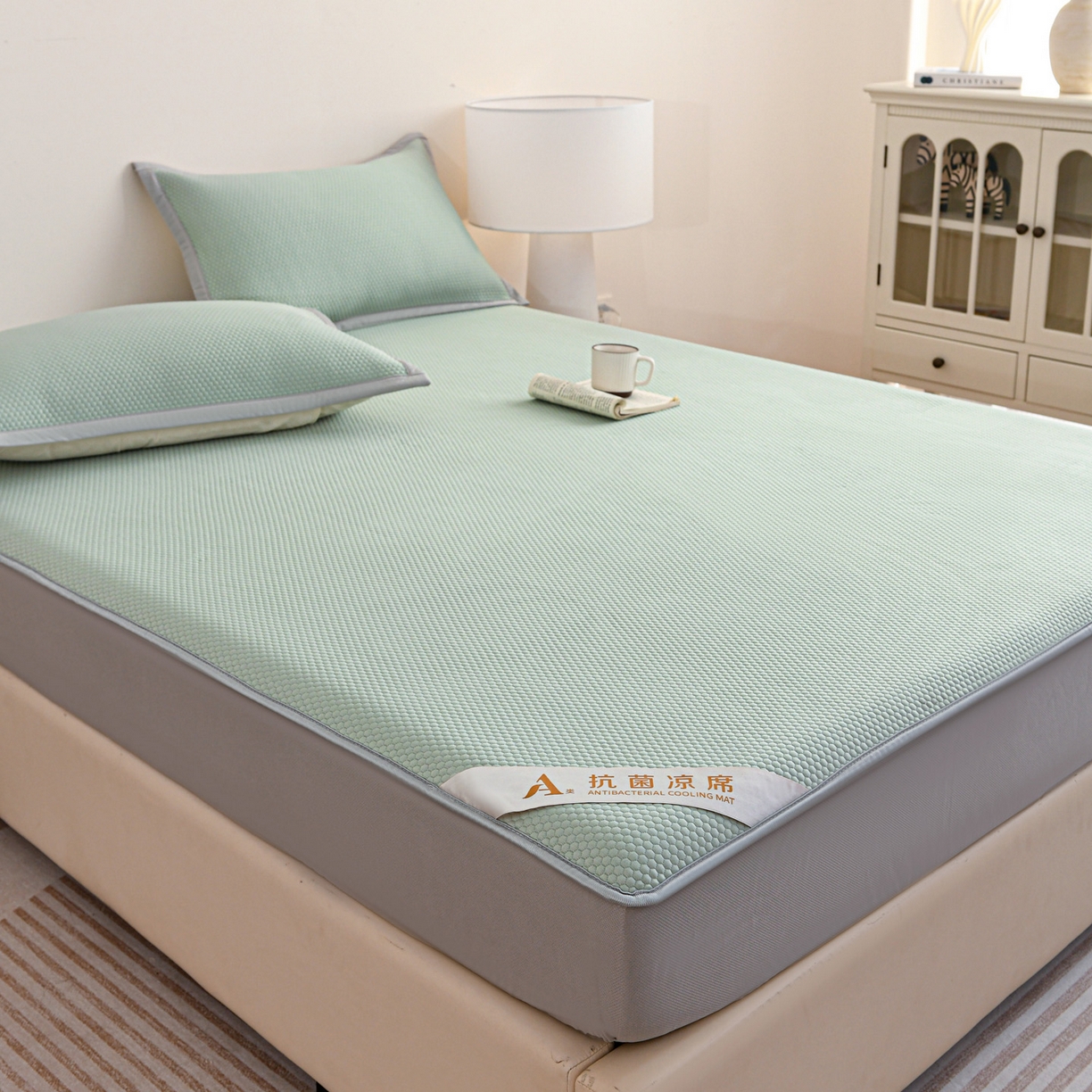 91家纺网 家纺一手货源 找家纺 富馨莱 2026新款PE乙纶高克重冰豆豆席凉感凉席单件床笠款支持一件定做尺寸学生宿舍 冰绿色