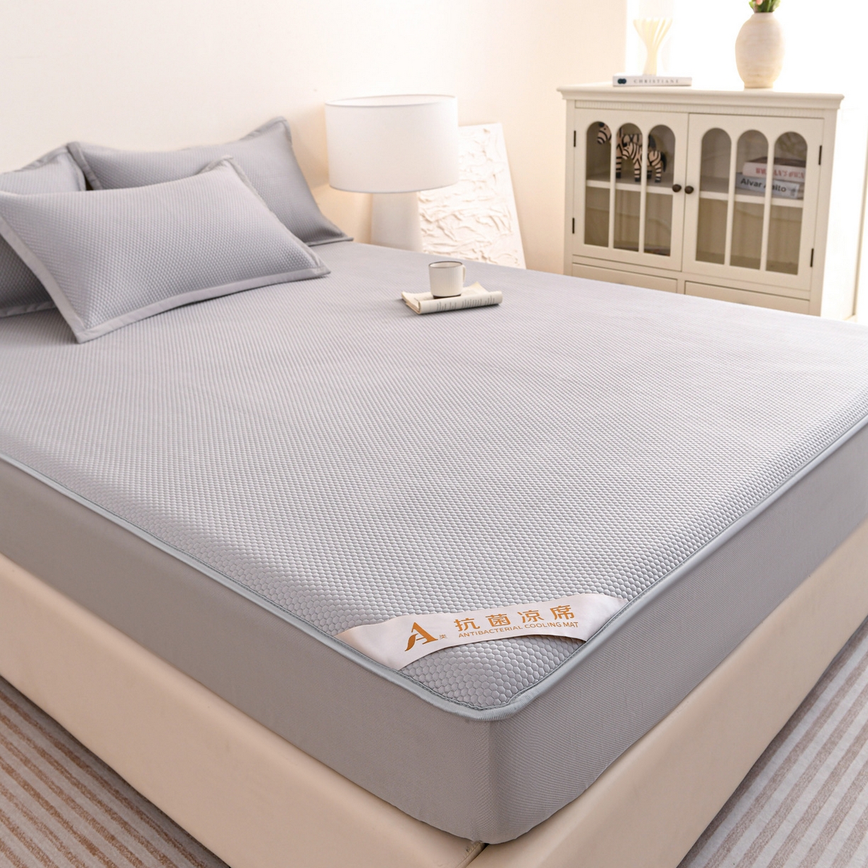 91家纺网 家纺一手货源 找家纺 富馨莱 2026新款PE乙纶高克重冰豆豆席凉感凉席单件床笠款支持一件定做尺寸学生宿舍 冰灰色