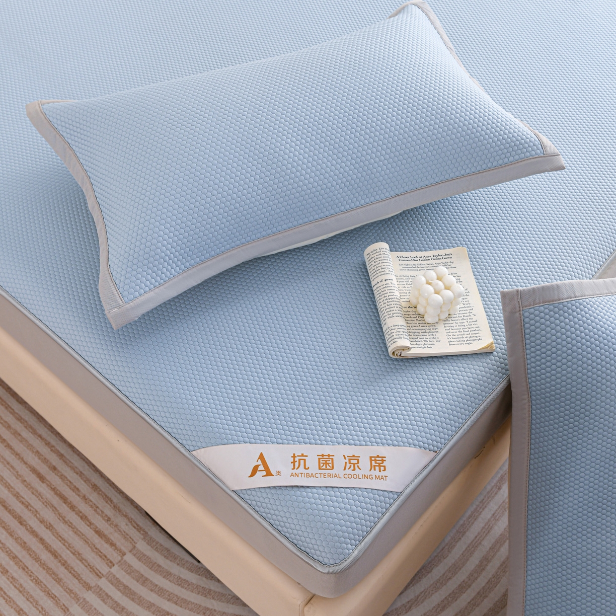 91家纺网 家纺一手货源 找家纺 富馨莱 2026新款PE乙纶高克重冰豆豆席凉感凉席单件床笠款支持一件定做尺寸学生宿舍 冰蓝色