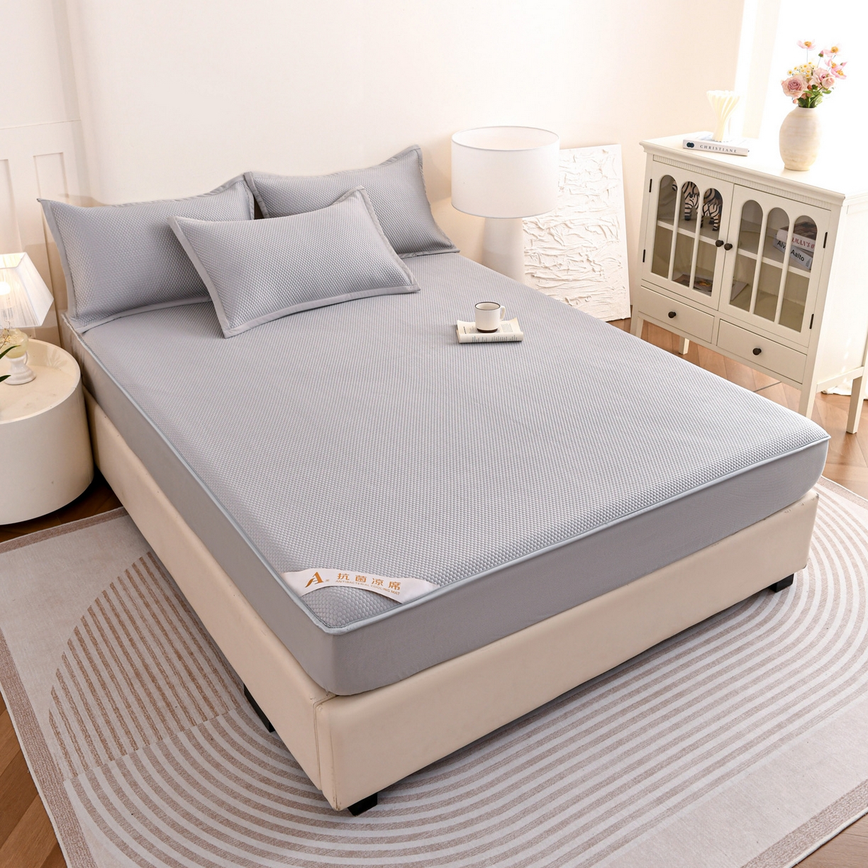 91家纺网 家纺一手货源 找家纺 富馨莱 2026新款PE乙纶高克重冰豆豆席凉感凉席单件床笠款支持一件定做尺寸学生宿舍 冰灰色