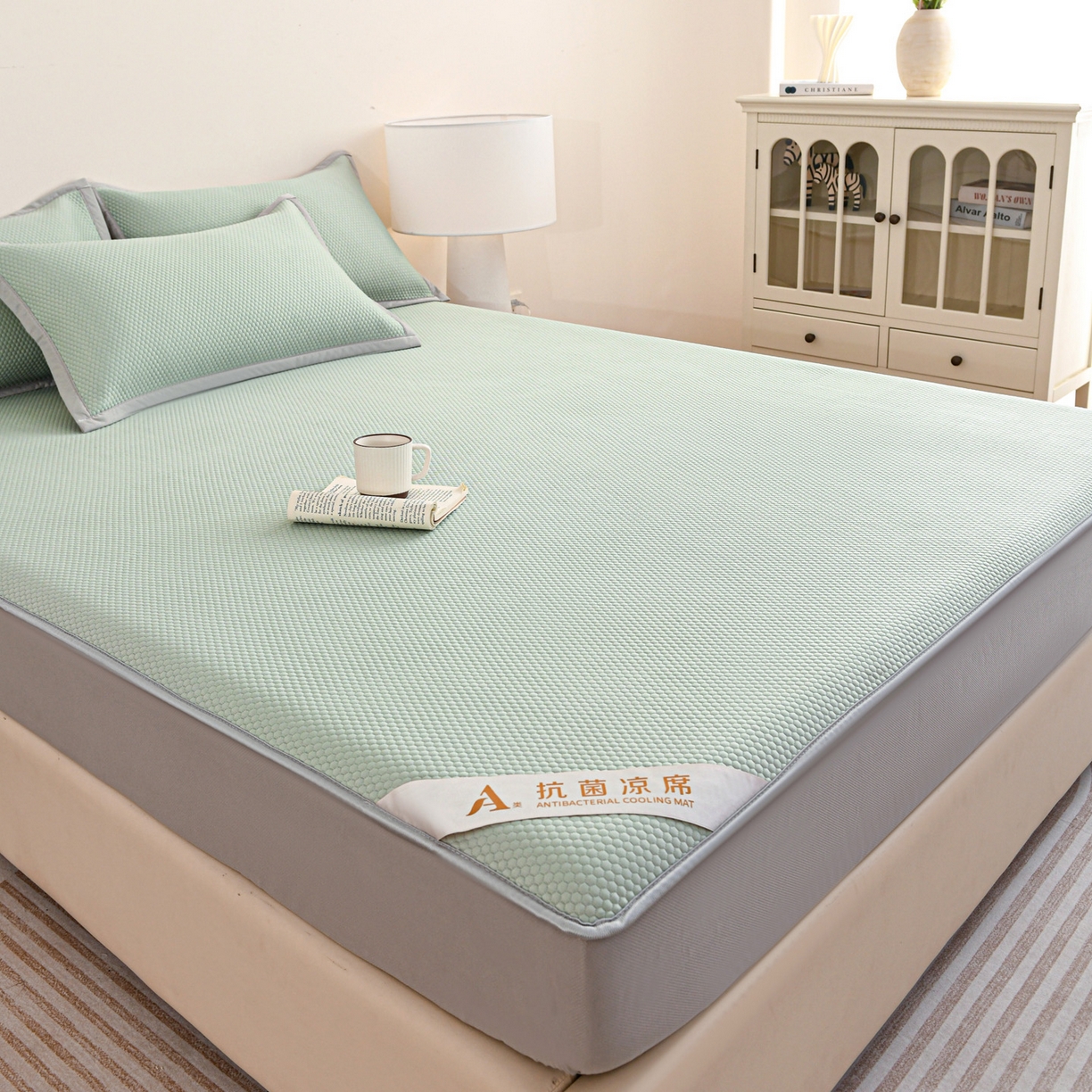 91家纺网 家纺一手货源 找家纺 富馨莱 2026新款PE乙纶高克重冰豆豆席凉感凉席单件床笠款支持一件定做尺寸学生宿舍 冰绿色