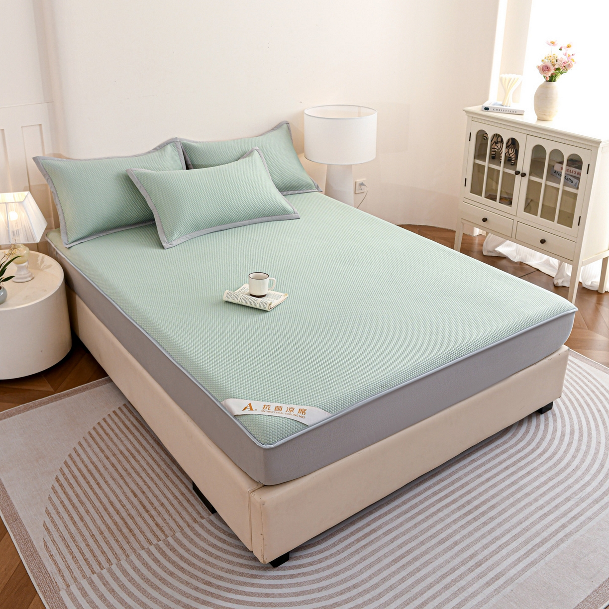 91家纺网 家纺一手货源 找家纺 富馨莱 2026新款PE乙纶高克重冰豆豆席凉感凉席单件床笠款支持一件定做尺寸学生宿舍 冰绿色