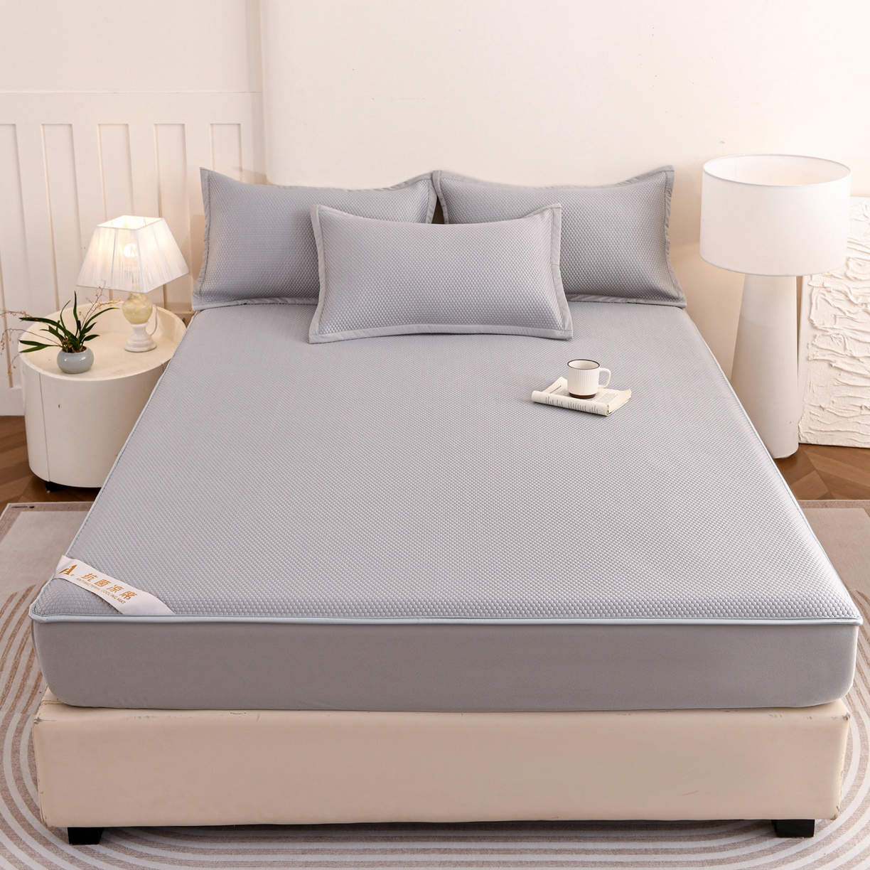 91家纺网 家纺一手货源 找家纺 富馨莱 2026新款PE乙纶高克重冰豆豆席凉感凉席单件床笠款支持一件定做尺寸学生宿舍 冰灰色